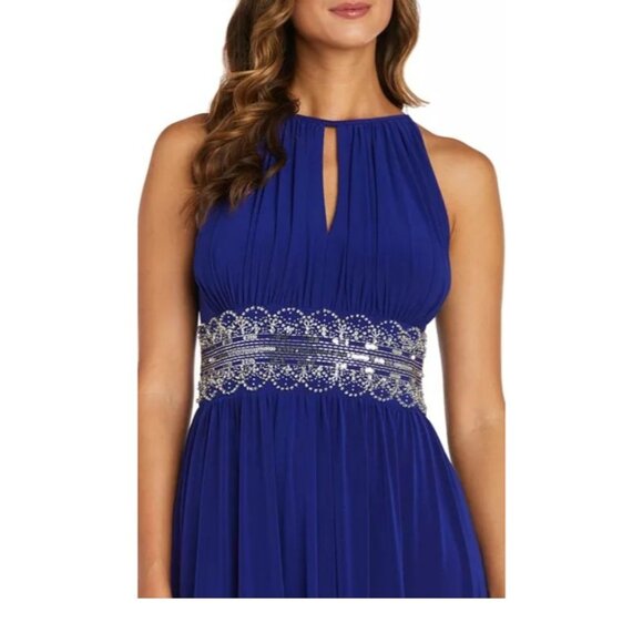 R&M Richards Formal Maxi Dress Gown Blue Sleeveless Beaded Waist Keyhole Neck 6 - Picture 3 of 15